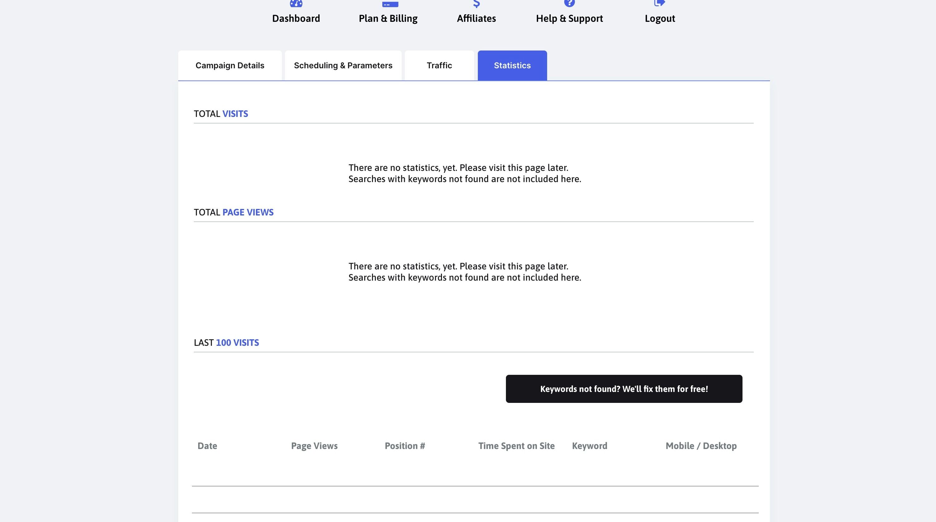 Screenshot of: Click "Keywords not found? We'll fix them for free!"