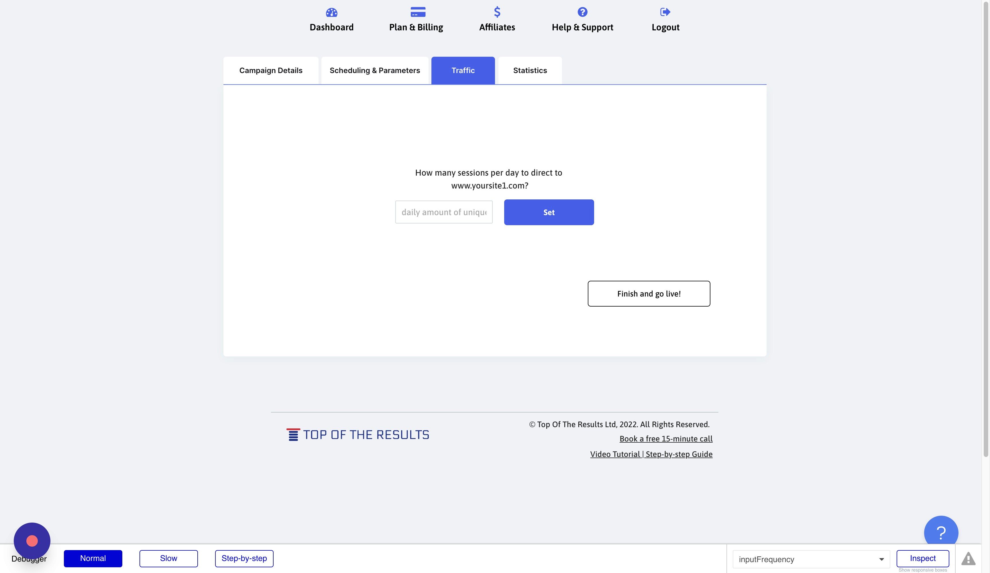 Screenshot of: Input here the number of unique sessions per day you would like to generate.