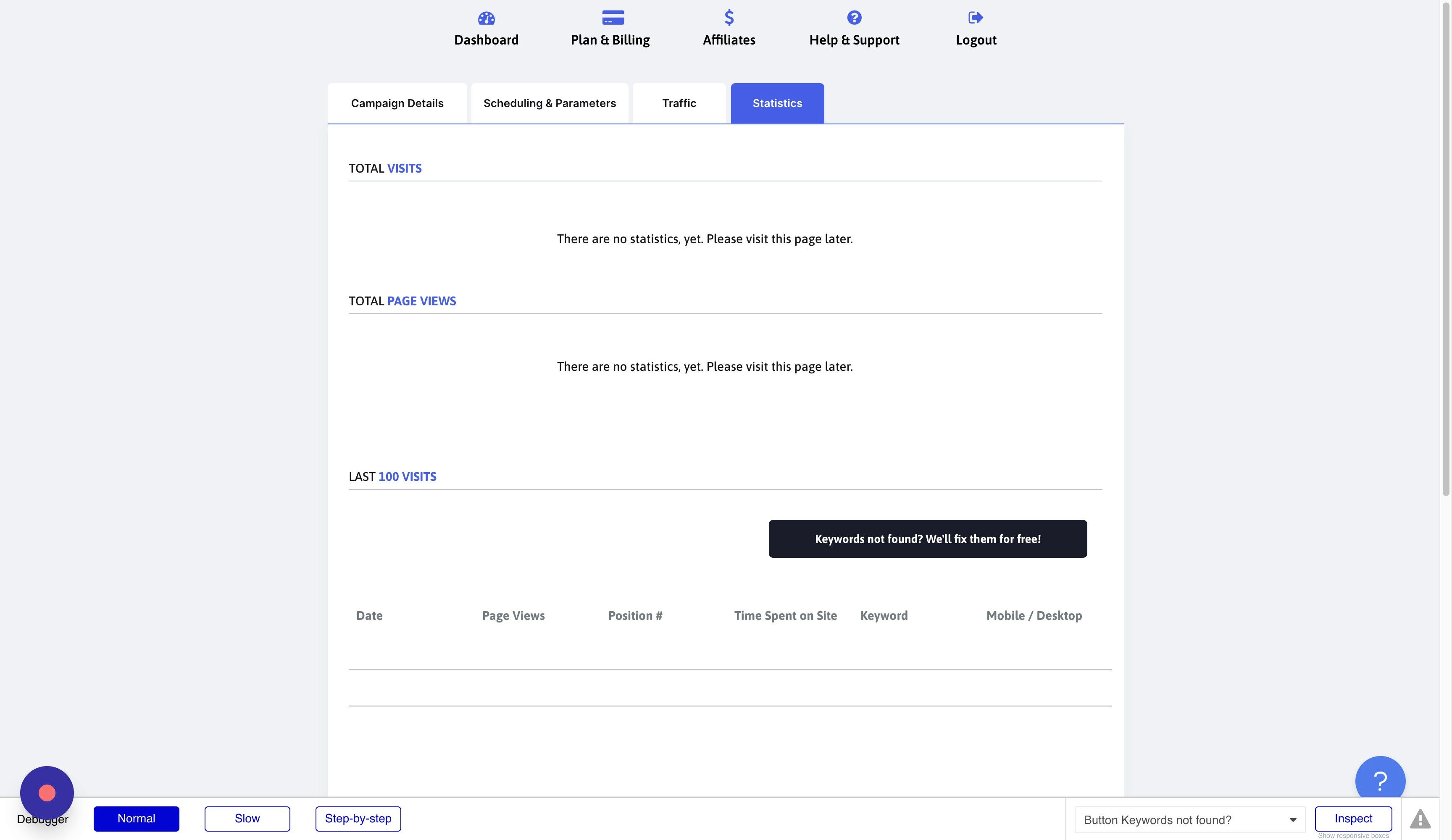 Screenshot of: Click "Keywords not found? We'll fix them for free!"