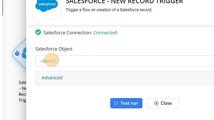 Screenshot of: Select the 'Salesforce Object' from dropdown.