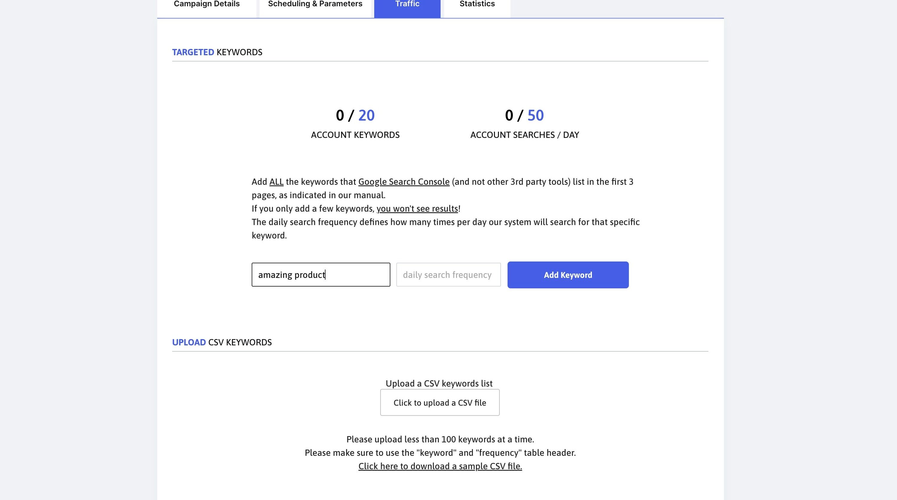 Screenshot of: Add at least one search per day even for less common search terms.