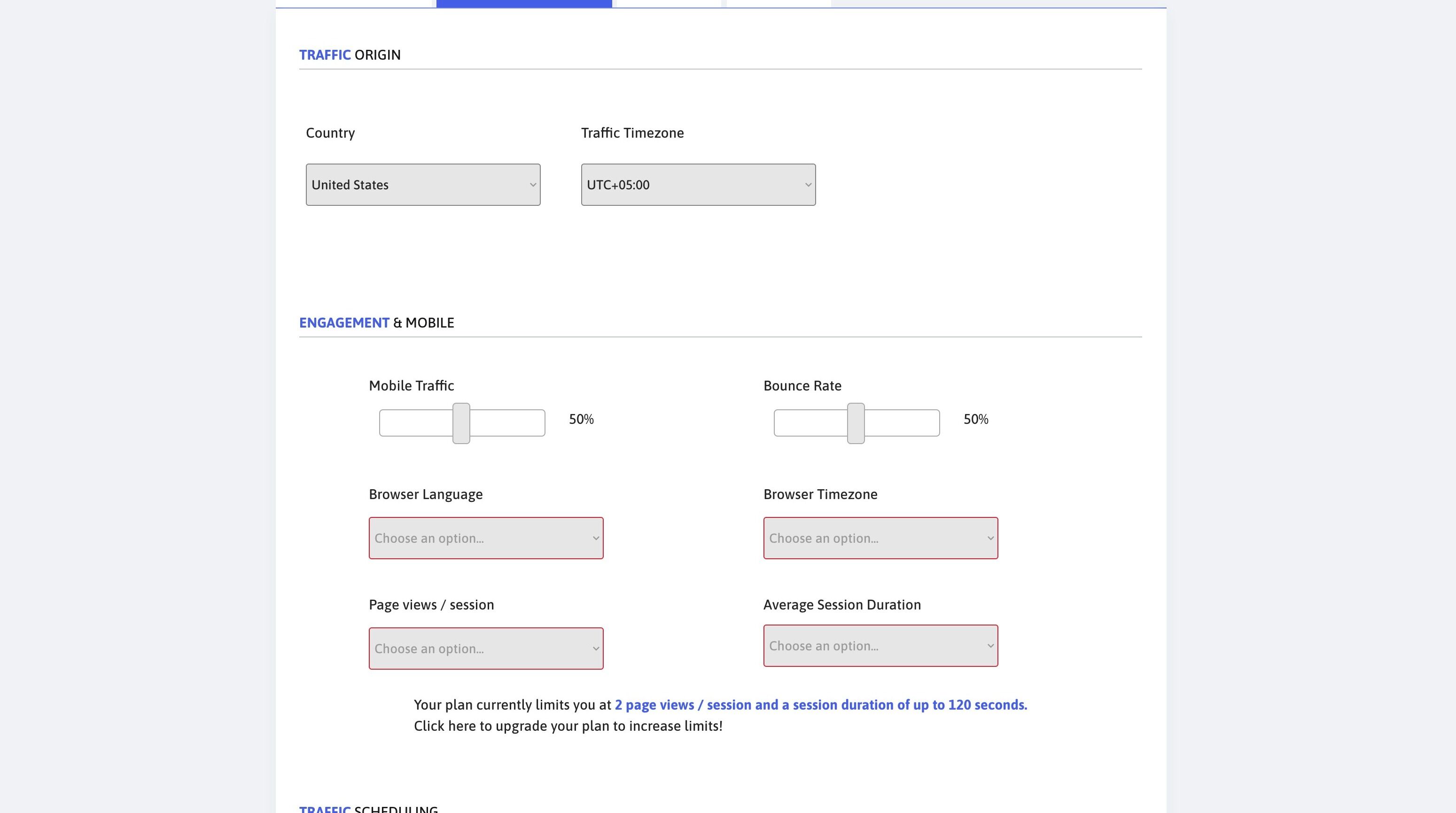 Screenshot of: Select how much mobile/desktop traffic you want.