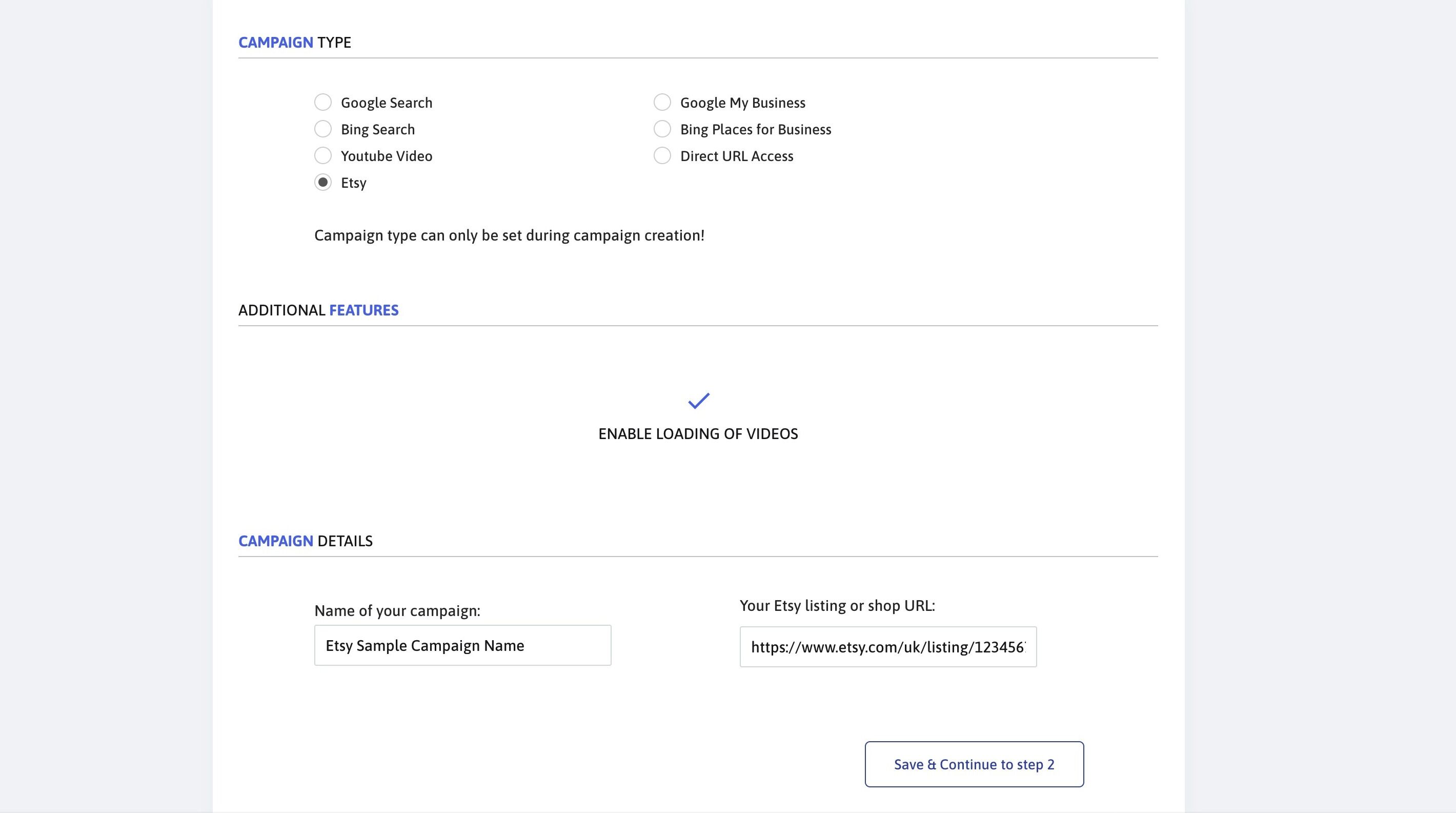 Screenshot of: Click "Save & Continue to step 2"
