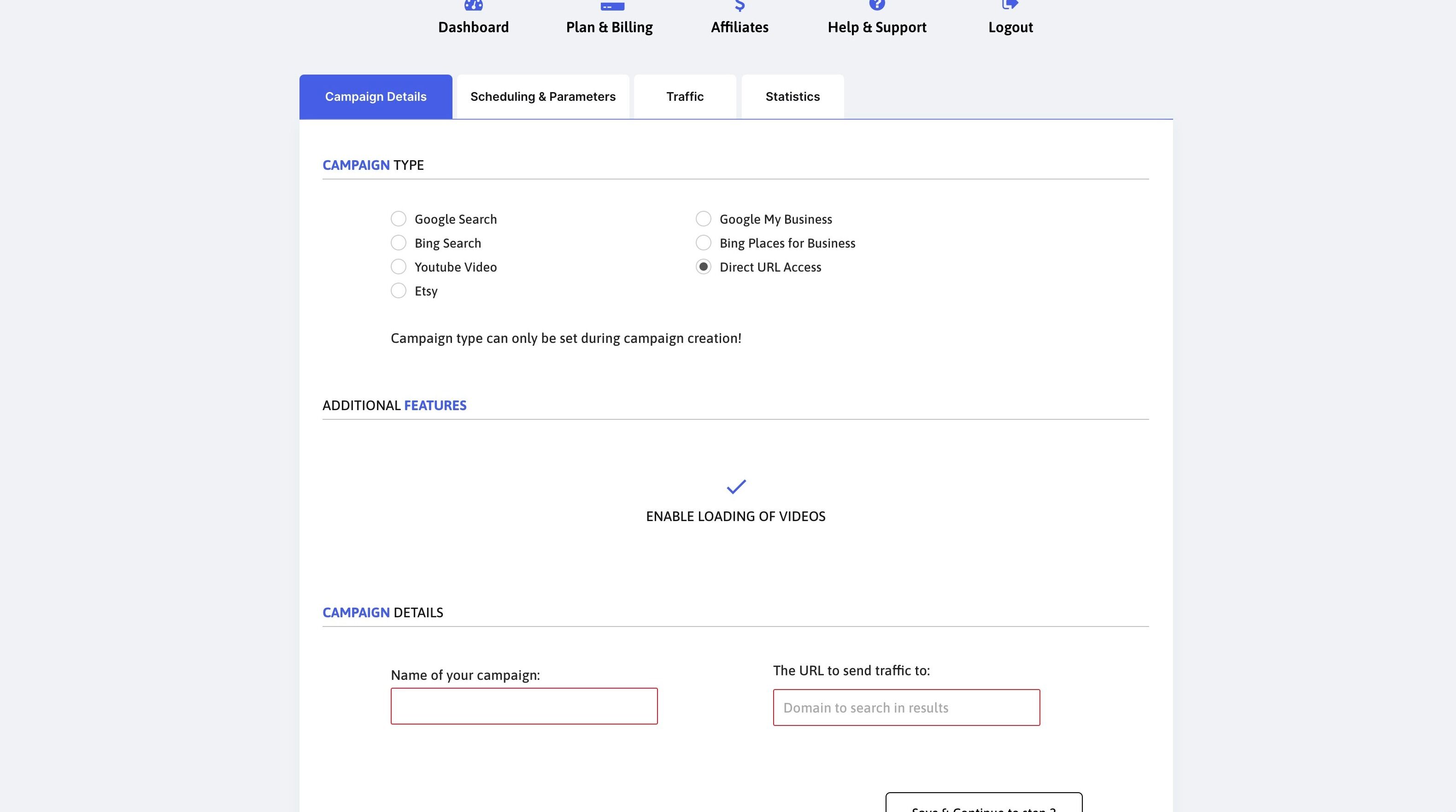 Screenshot of: Click this input field and provide an easy-to-recognise campaign name.
