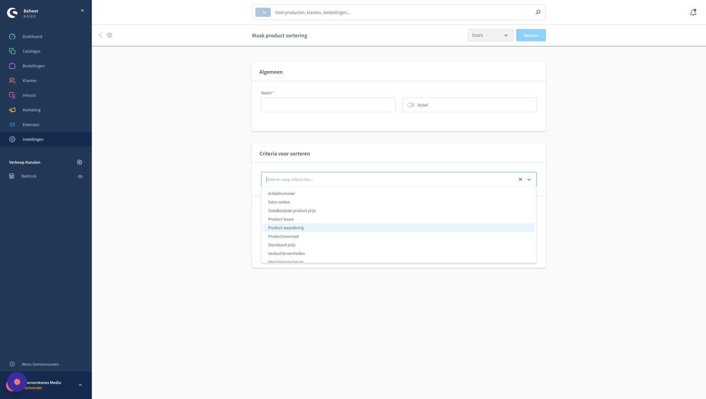Screenshot of: Selecteer een sorteer optie welke je wilt toevoegen
