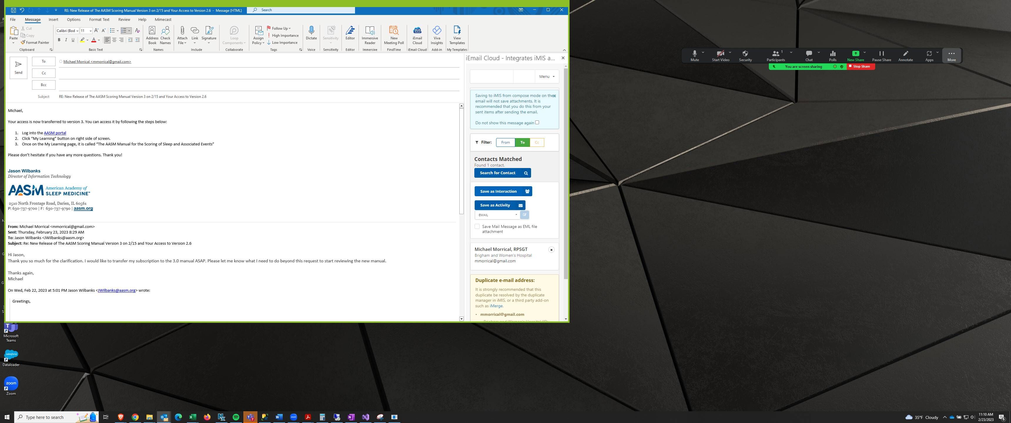Screenshot of: Click "Save as Interaction" to save the email to the Contact record. 