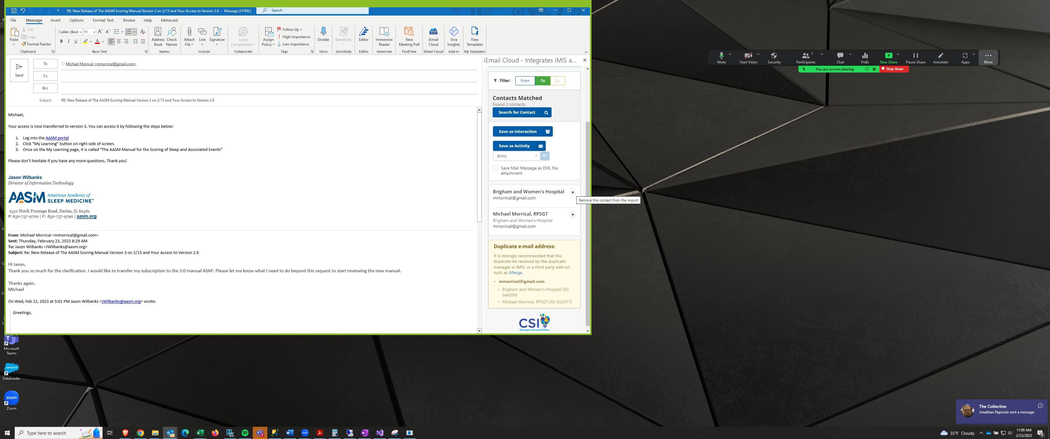 Screenshot of: iEmail Cloud will search iMIS for a matching contact. If it find duplicates you can remove contacts by clicking the X.
