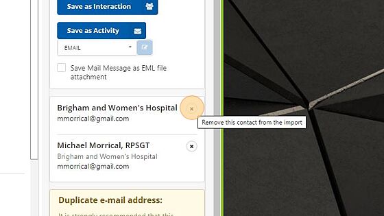 Screenshot of: iEmail Cloud will search iMIS for a matching contact. If it find duplicates you can remove contacts by clicking the X.