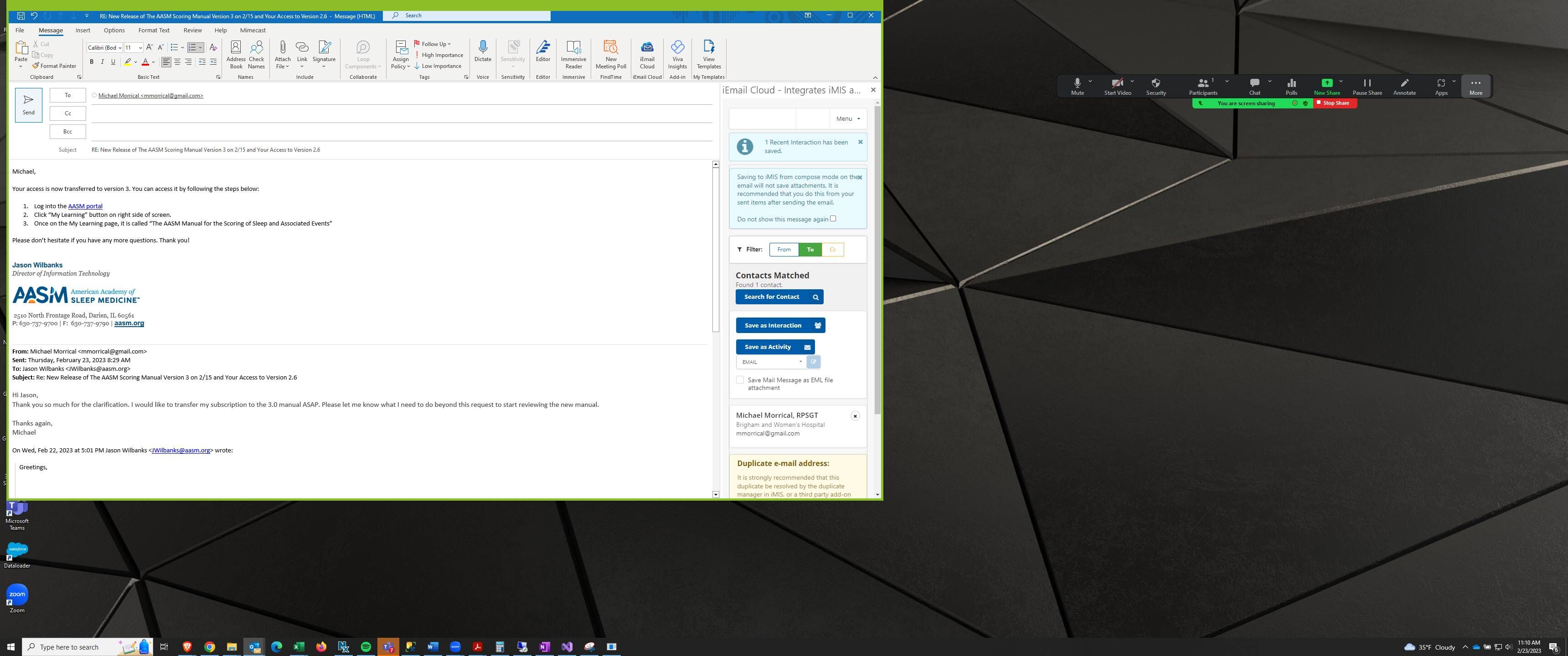 Screenshot of: Send you email to the member in Outlook.