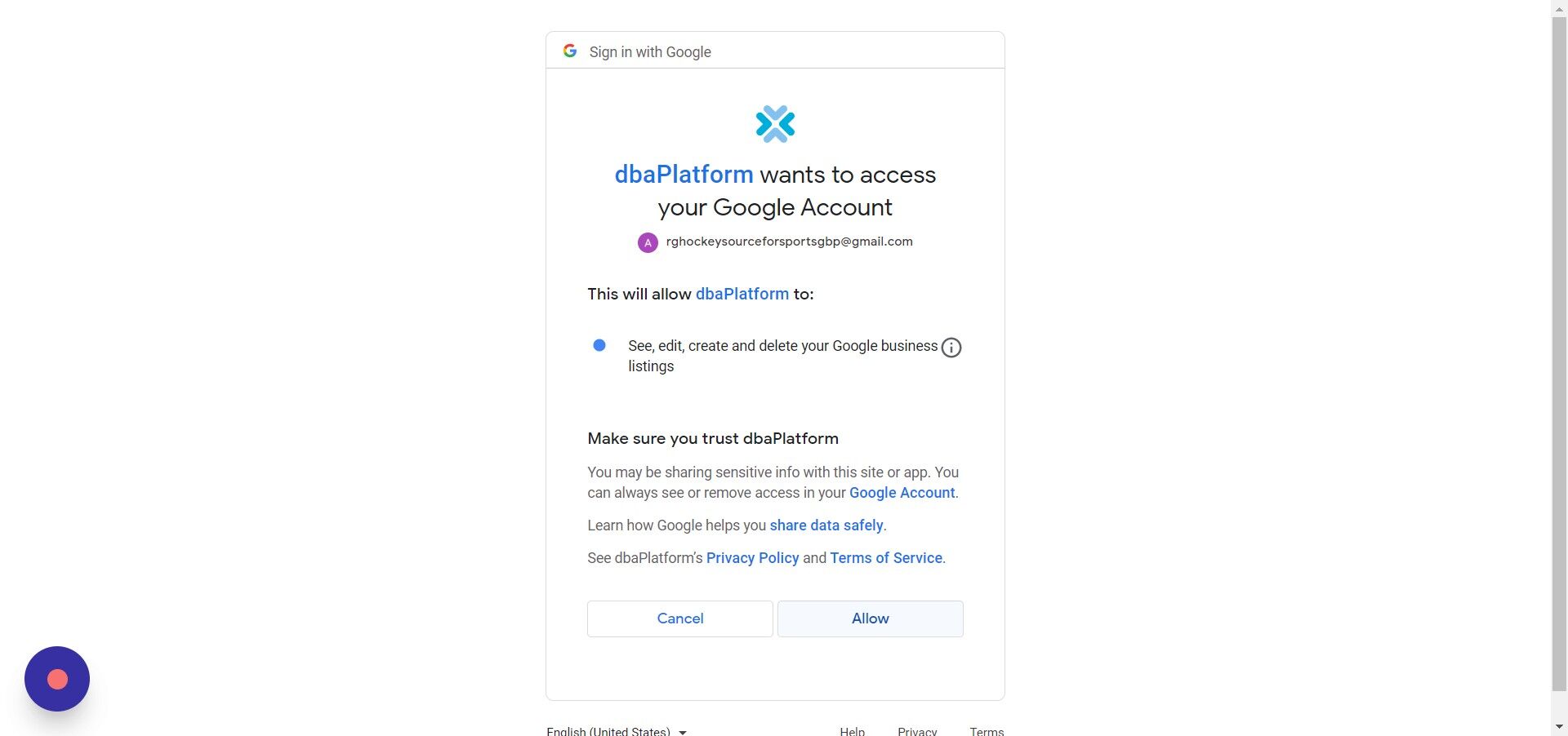 Screenshot of: Click "Allow"