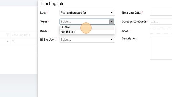 Screenshot of: Select the time log Type (Billable or not-billable)