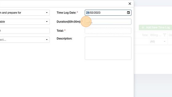 Screenshot of: Enter the duration of the time log, the total will be calculated automatically.