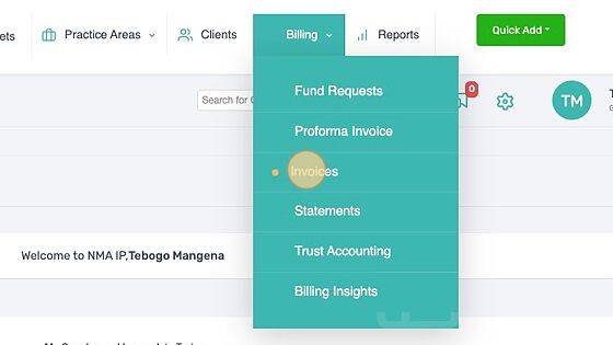 Screenshot of: Navigate to the billing menu and Click "Invoices"