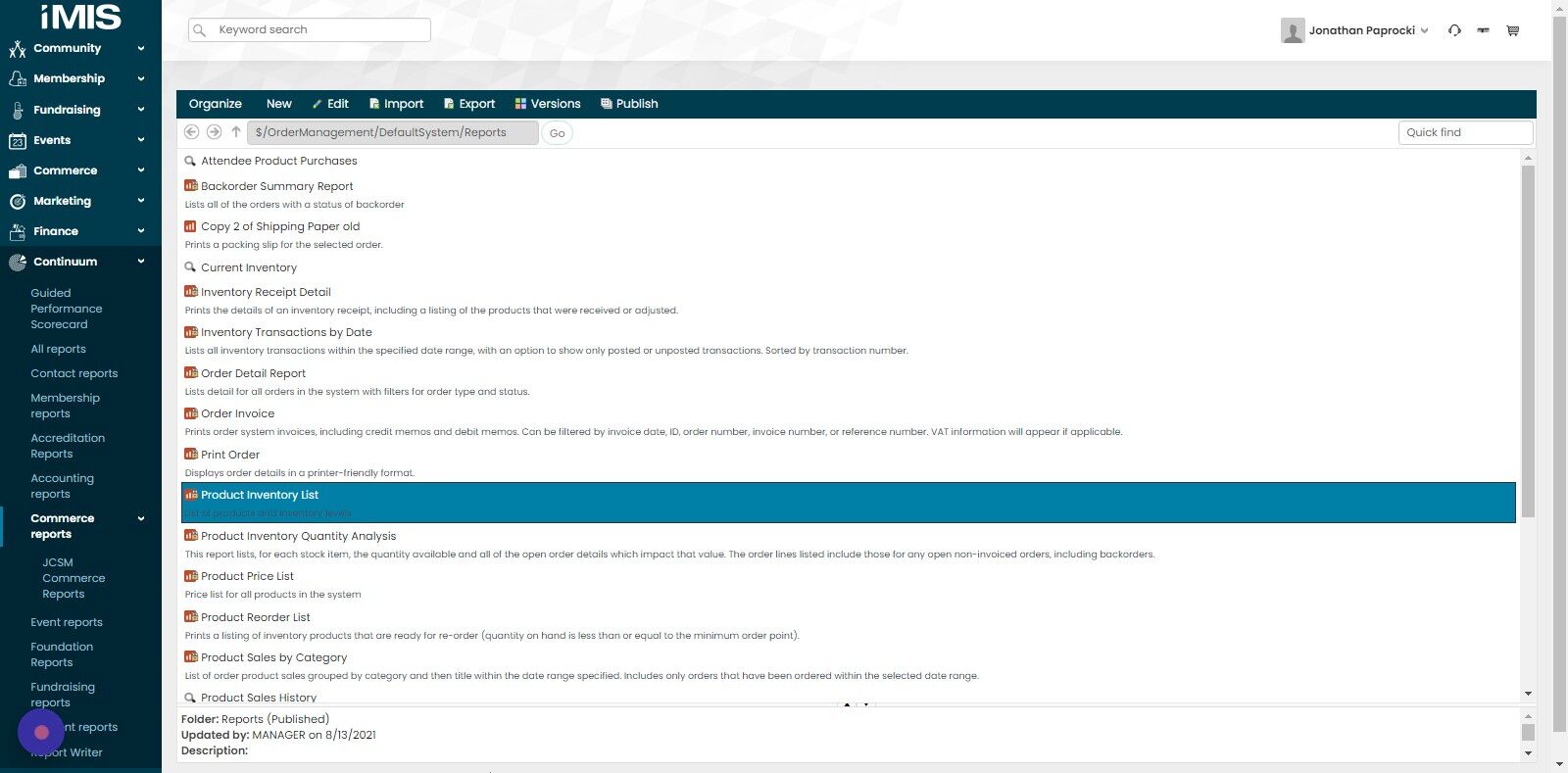 Screenshot of: Click "Product Inventory List"