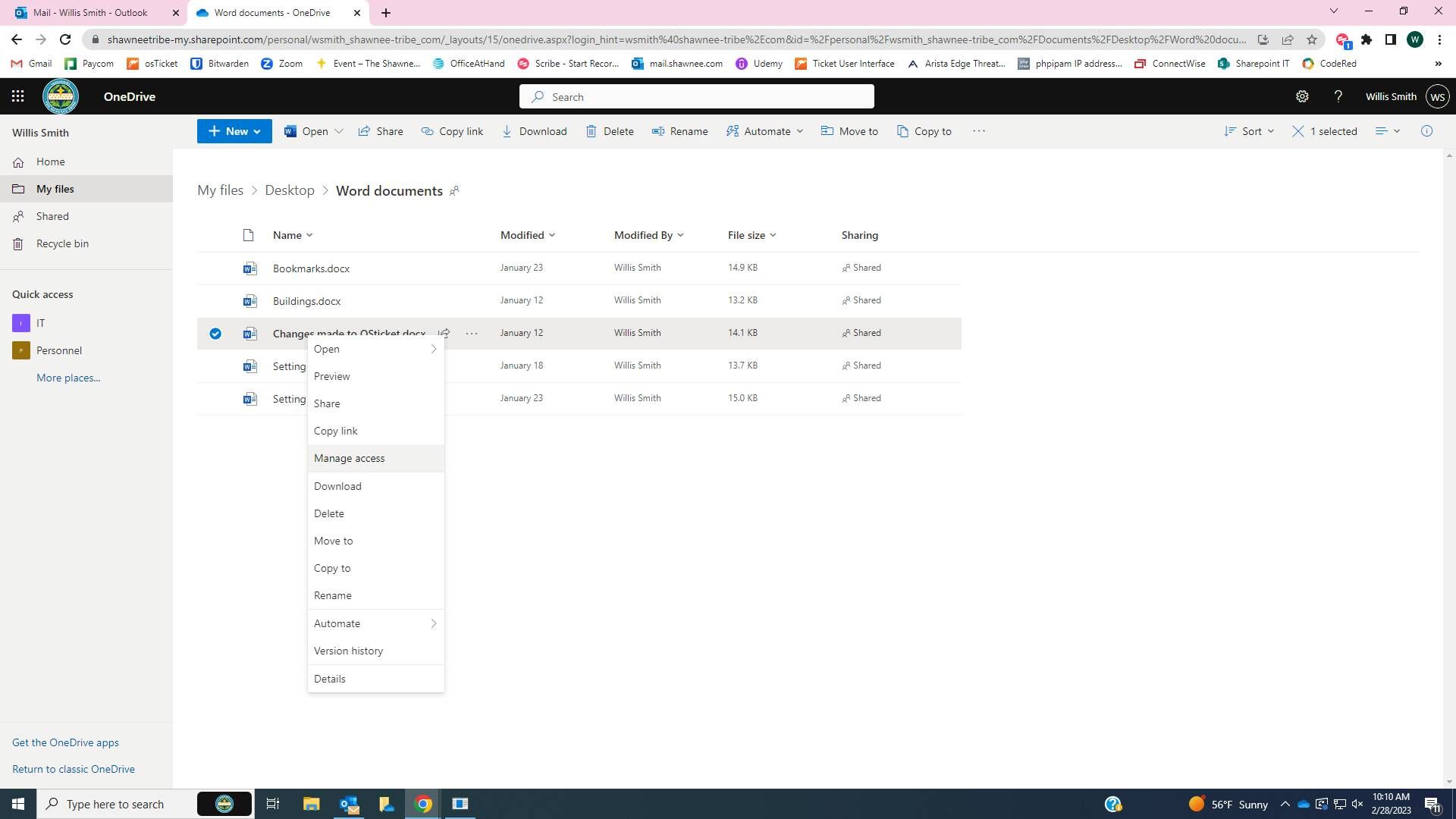 Screenshot of: Select the 3 dots at the end of the file name and choose manage access.