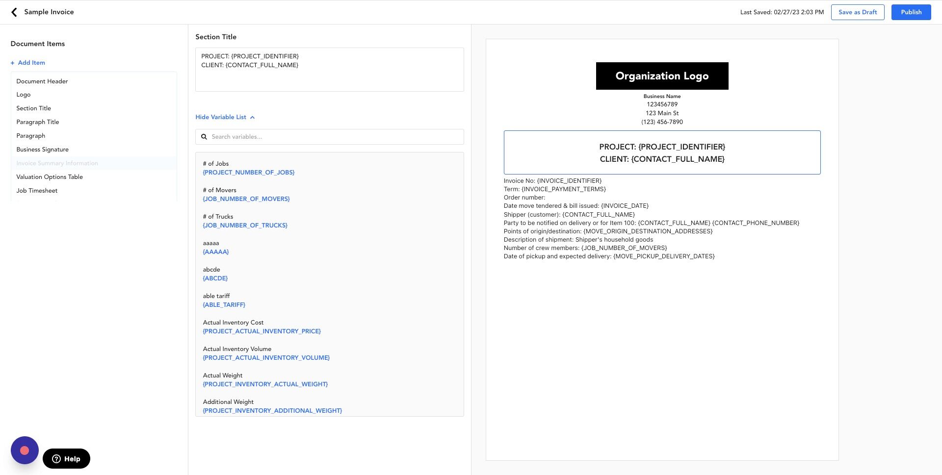 Screenshot of: IMPORTANT: Make sure to add the "Invoice Summary Information" item otherwise invoice line items and payments won't appear on the invoice document