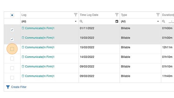 Screenshot of: Select the time logs to be added to the invoice.