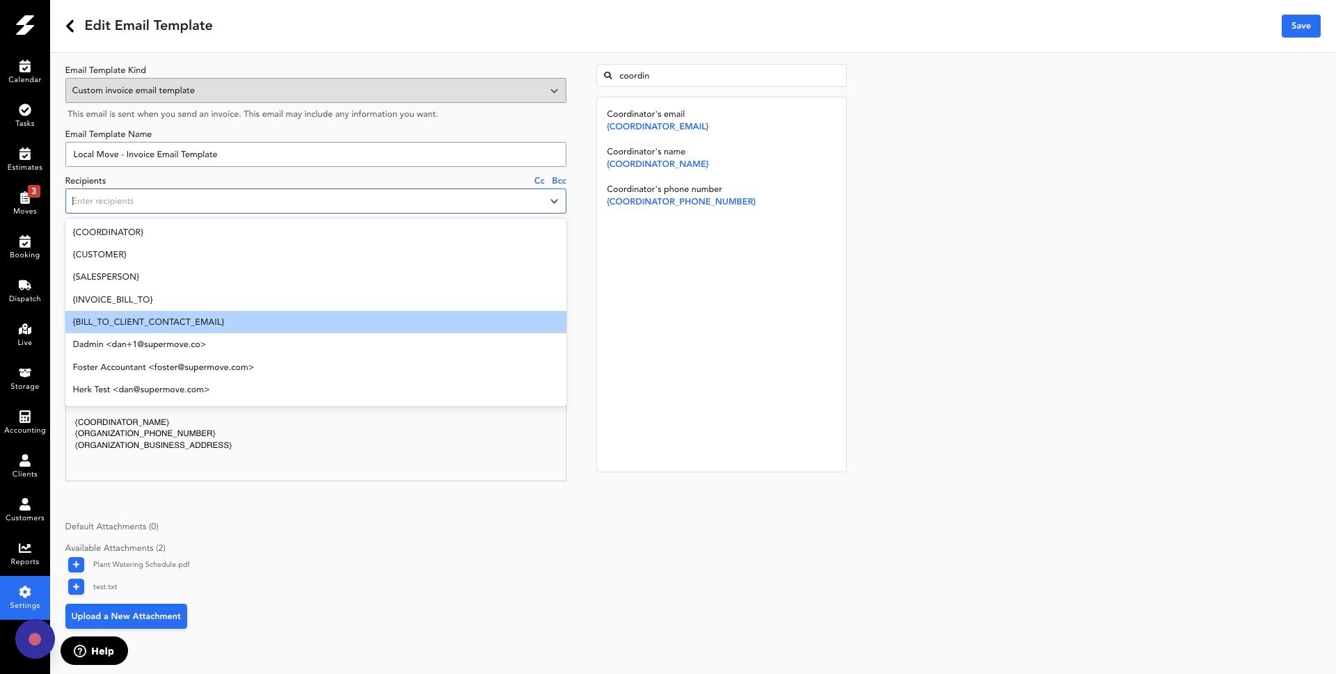 Screenshot of: Under Recipients, add "{BILL_TO_CLIENT_CONTACT_EMAIL}". This ensures the billing client on the project is the one who receives the invoice email.