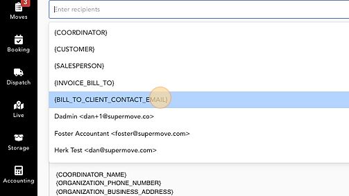 Screenshot of: Under Recipients, add "{BILL_TO_CLIENT_CONTACT_EMAIL}". This ensures the billing client on the project is the one who receives the invoice email.