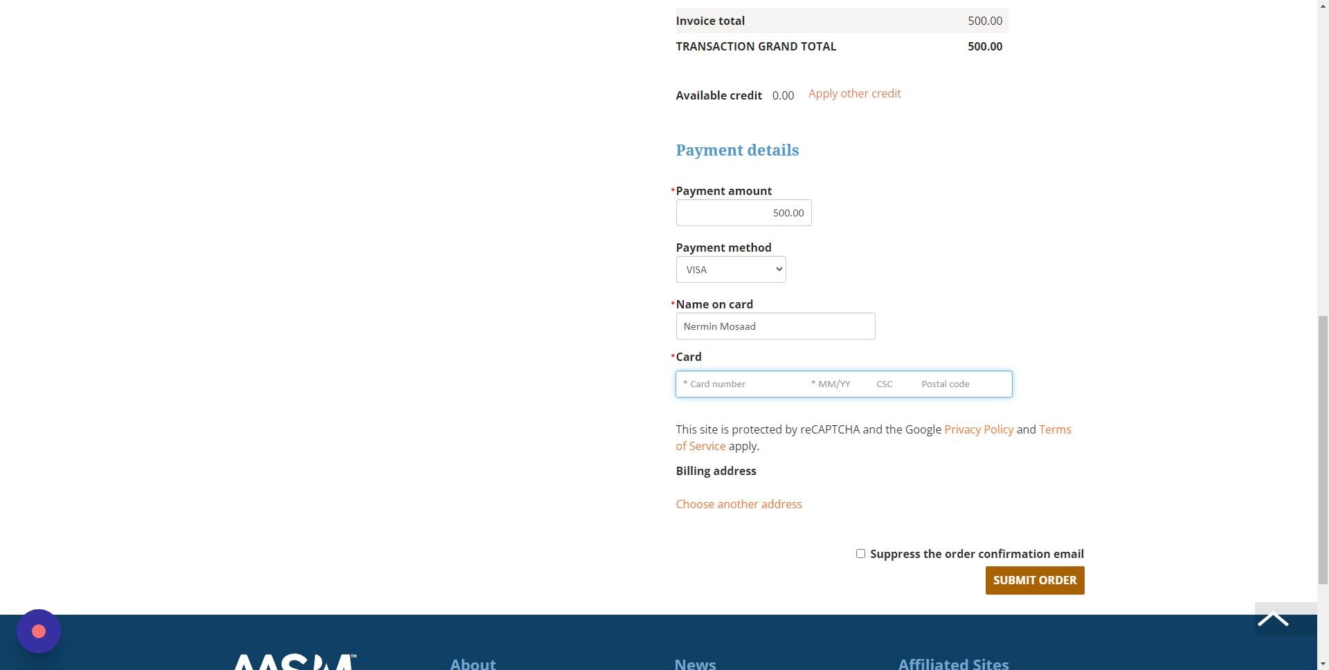 Screenshot of: Click the "Submit Order" button to complete the transaction.