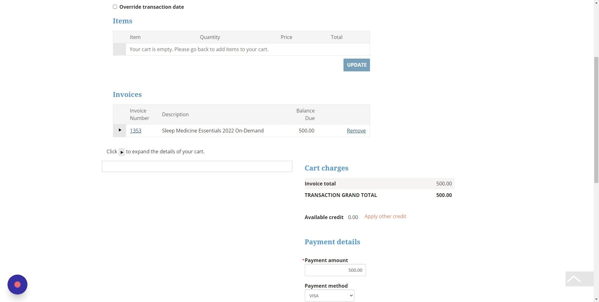 Screenshot of: Verify the pricing is correct by expanding the drop down arrow in the Invoices table.