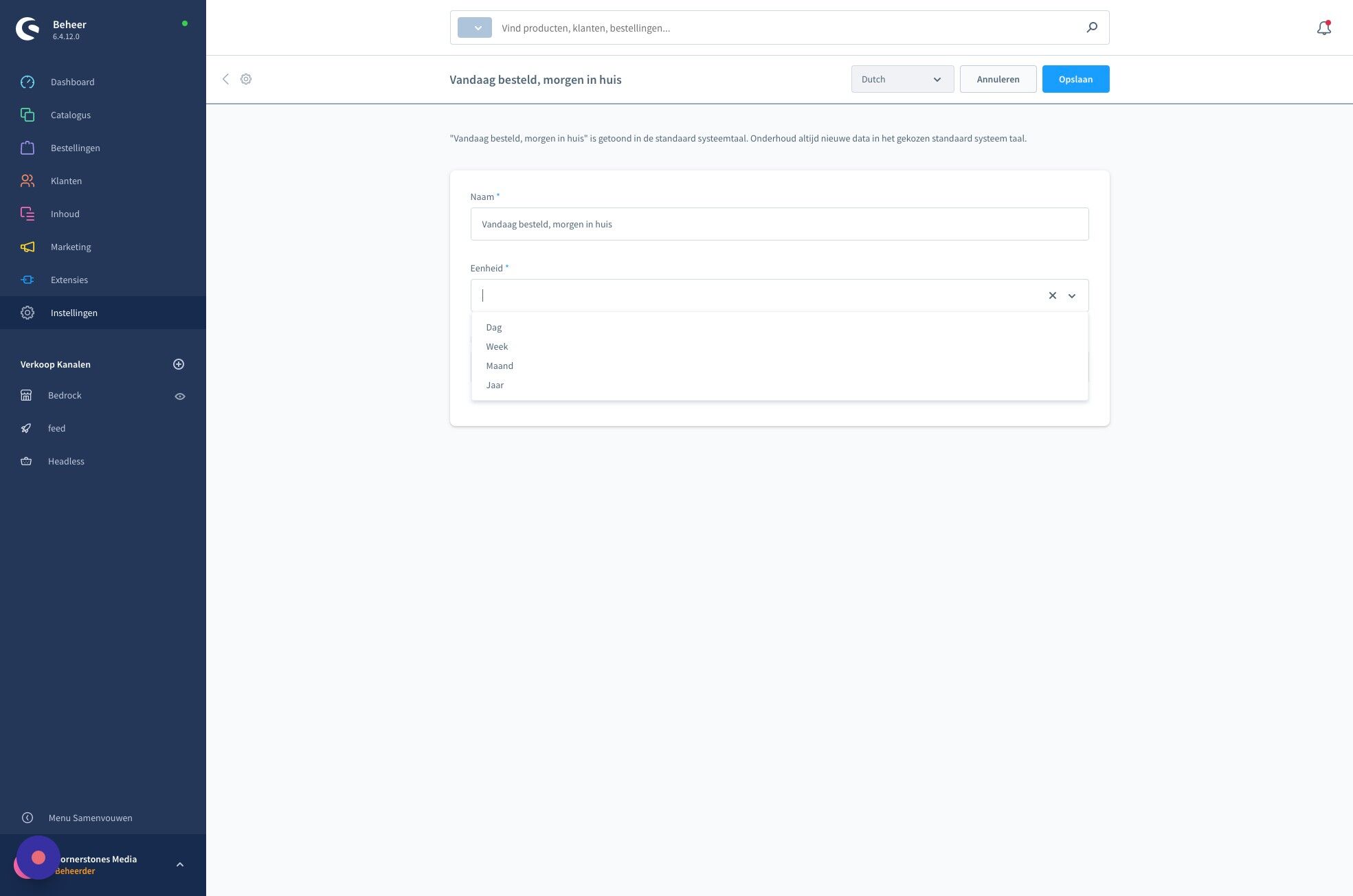 Screenshot of: Selecteer het "eenheid" veld