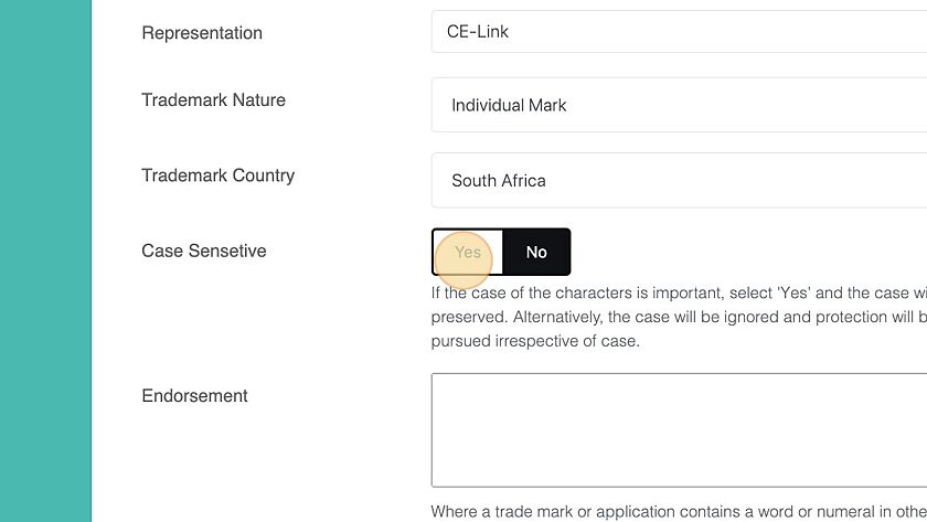 Screenshot of: If Trademark is a word mark, specify if the word should be case sensitive. 