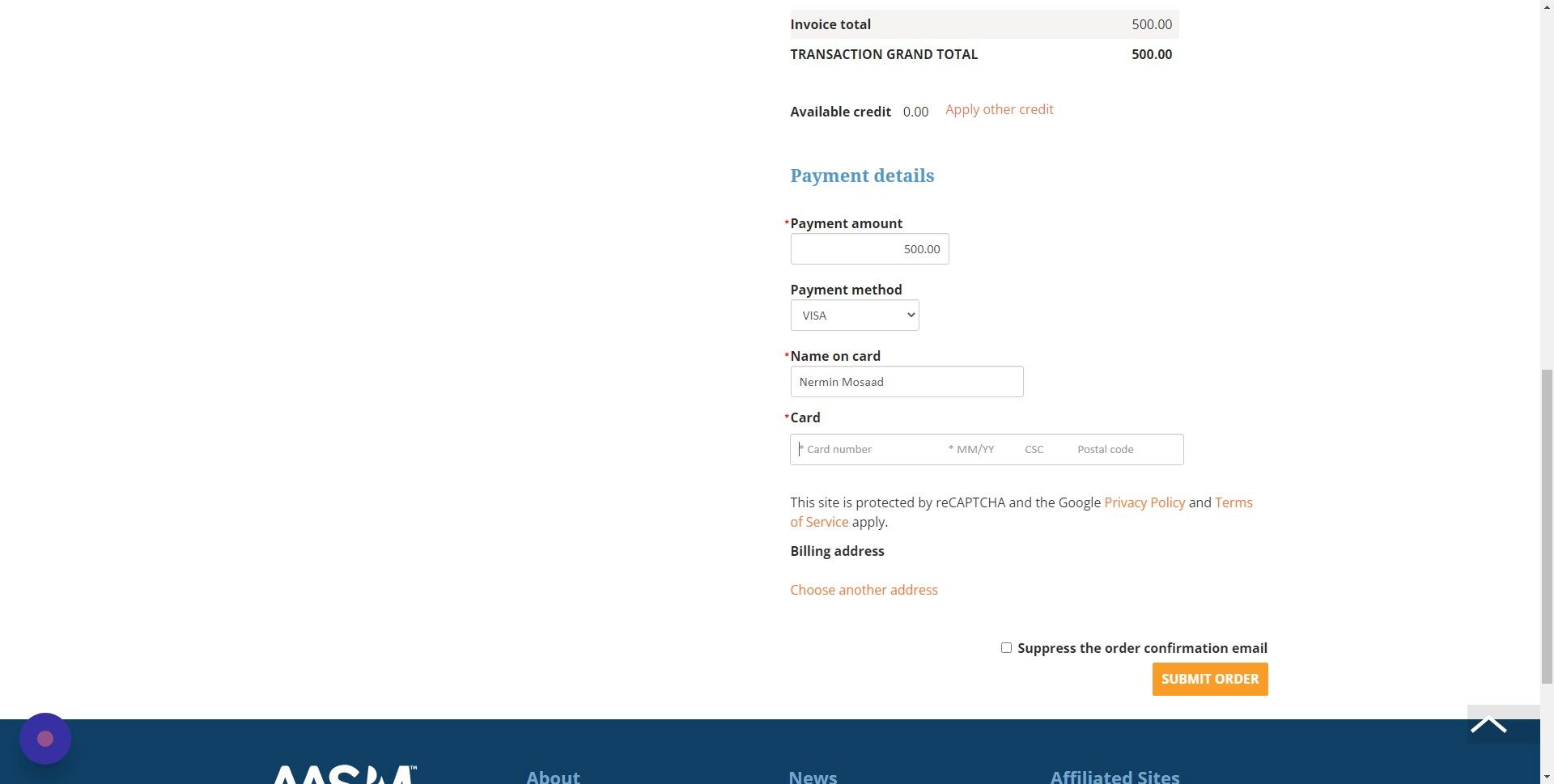 Screenshot of: Populate the Payment method, Name on Card, Card and Billing address as needed.