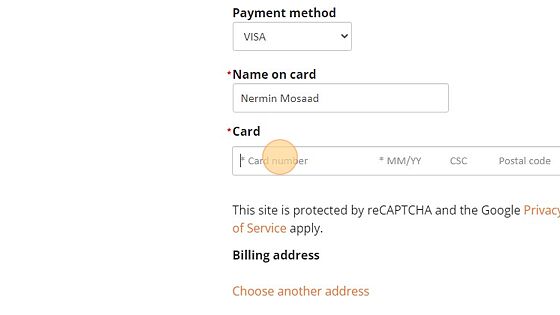 Screenshot of: Populate the Payment method, Name on Card, Card and Billing address as needed.