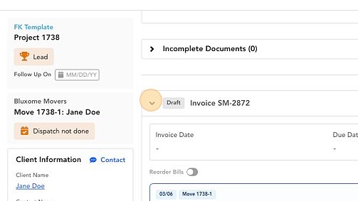 Screenshot of: Navigate to the Invoice section on the move project page.