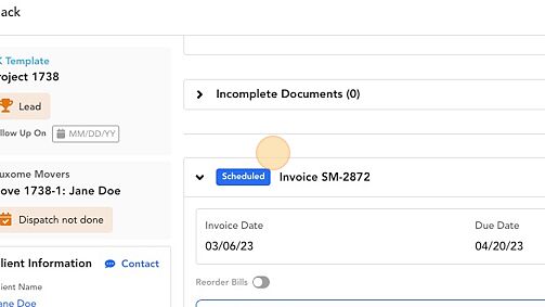 Screenshot of: Note: If the invoice date is scheduled for a future date, the invoice will appear as "Scheduled" 