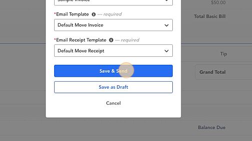 Screenshot of: Confirm the selected "Invoice Template", "Email Template" and "Email Receipt Template" are the correct ones and select "Save & Send"