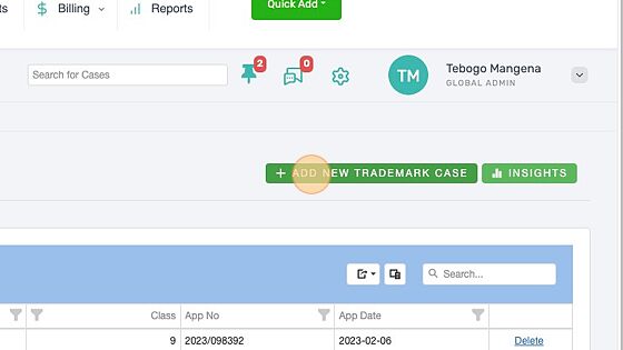 Screenshot of: Click "Add New Trademark Case"