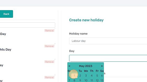 Screenshot of: Select the holiday date