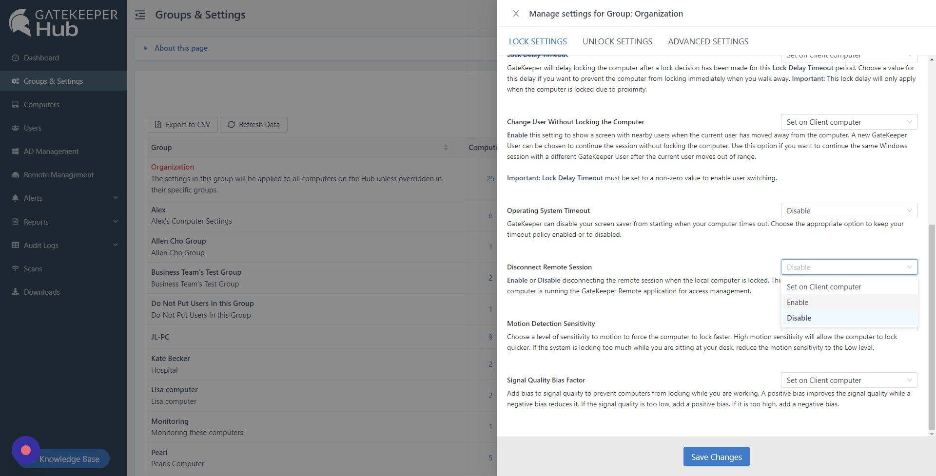 Screenshot of: Under Lock Settings, scroll down until you see the "Disconnect Remote Session" setting, and select "Enable" from the dropdown menu. 