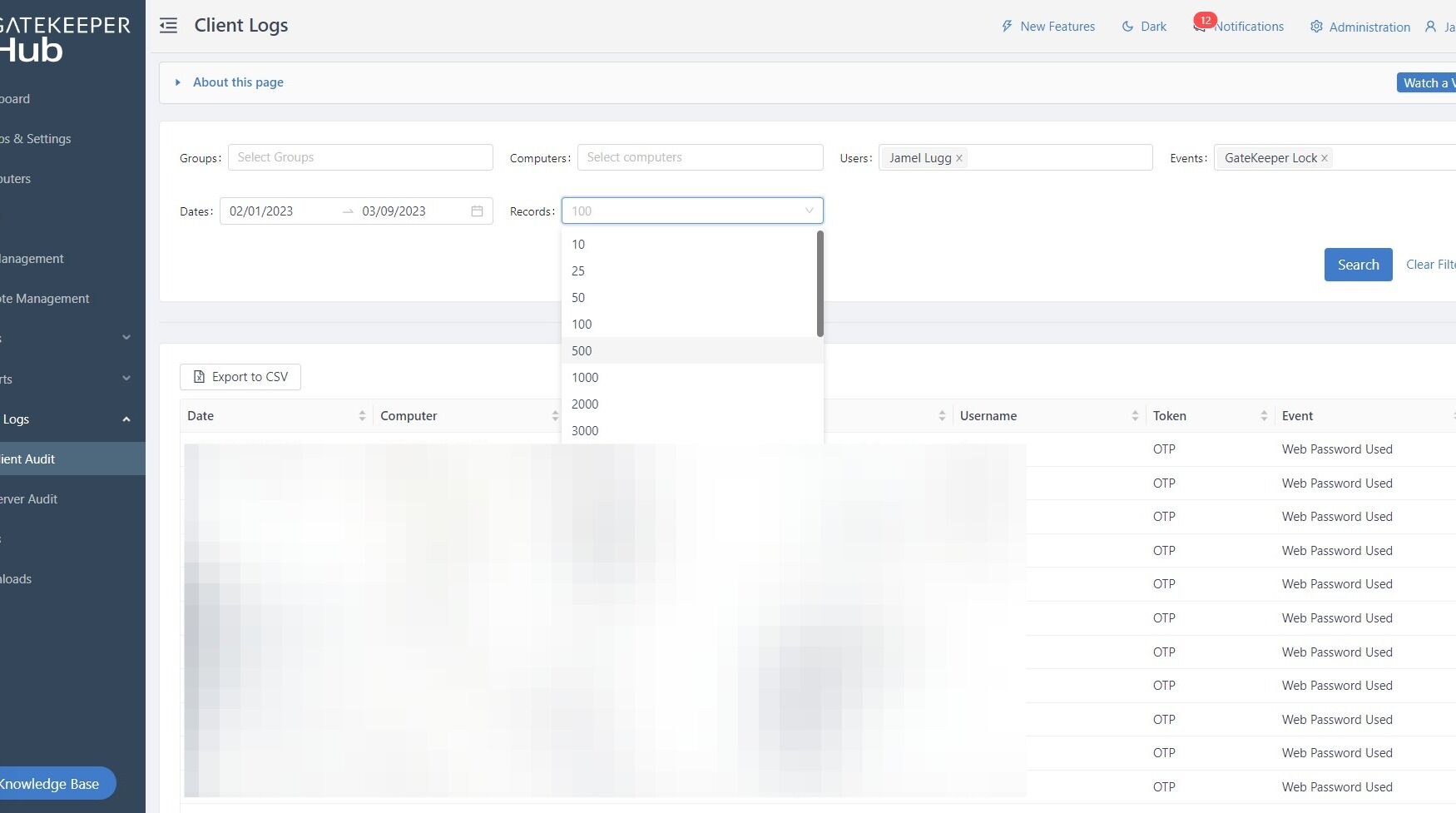 Screenshot of: Choose the number of records to display from the dropdown menu.