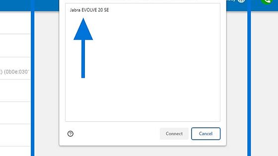 Screenshot of: Une fenêtre va s'ouvrir afin de permettre la connexion de votre casque d'écoute à la plateforme SBK. Vous devez sélectionner votre casque d'écoute (ex: Jabra EVOLVE 20 SE dans l'image)
