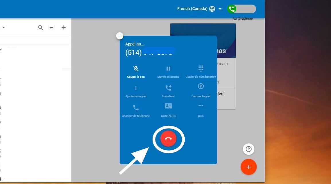 Screenshot of: Appuyez sur le bouton rouge avec le logo du téléphone pour finir l'appel.