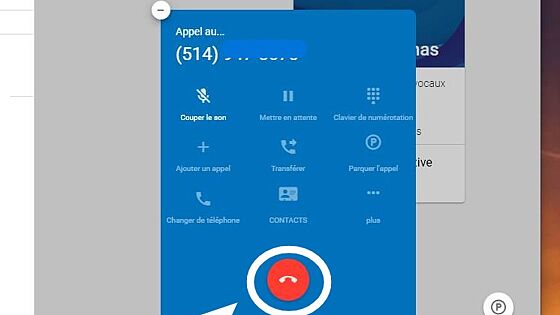 Screenshot of: Appuyez sur le bouton rouge avec le logo du téléphone pour finir l'appel.