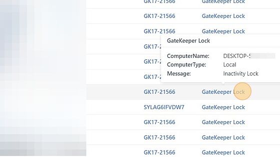 Screenshot of: Hover your mouse icon over a GateKeeper Lock event, if the third line reads "Message: Inactivity Lock" then this means the user may have left their GateKeeper token behind. Repeat steps 5 -9 for each user.
