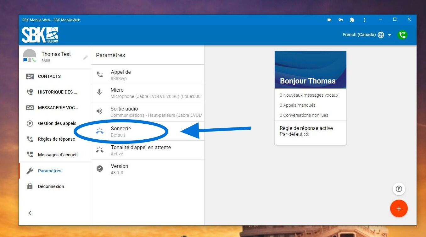 Screenshot of: Si vous désirez, vous pouvez changer la sonnerie de l'application SBK Mobile Web. Pour se faire, vous devez sélectionner le bouton "Sonnerie". 
                                                                                                                                         
Les 3 prochaines étapes sont facultatives
