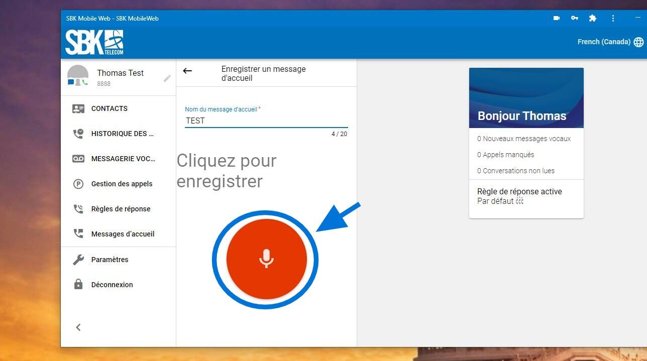 Screenshot of: Pour enregistrer votre nom, de manière audio, vous devez cliquer sur le bouton rouge suivant.