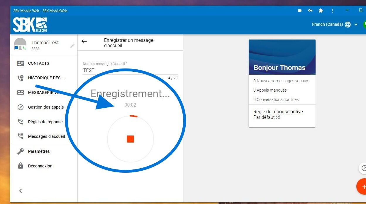 Screenshot of: Lorsque vous voyez le temps, c'est que l'enregistrement a commencé. Une fois terminé, appuyer sur le carré rouge.