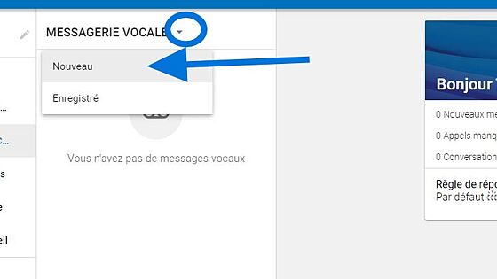 Screenshot of: En cliquant sur la petite flèche à côté de "Messagerie Vocale", vous serez en mesure d'écoute vos nouveaux ainsi que vos anciens messages vocaux (enregistré). 