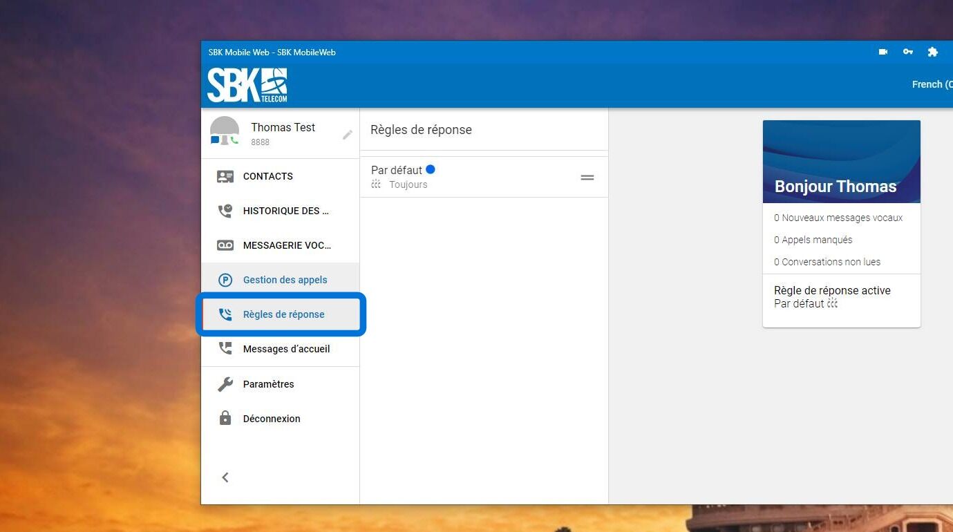 Screenshot of: Le prochain onglet dans le menu de gauche concerne les règles de réponse. Celles-ci sont gérées par vos administrateurs de portail.