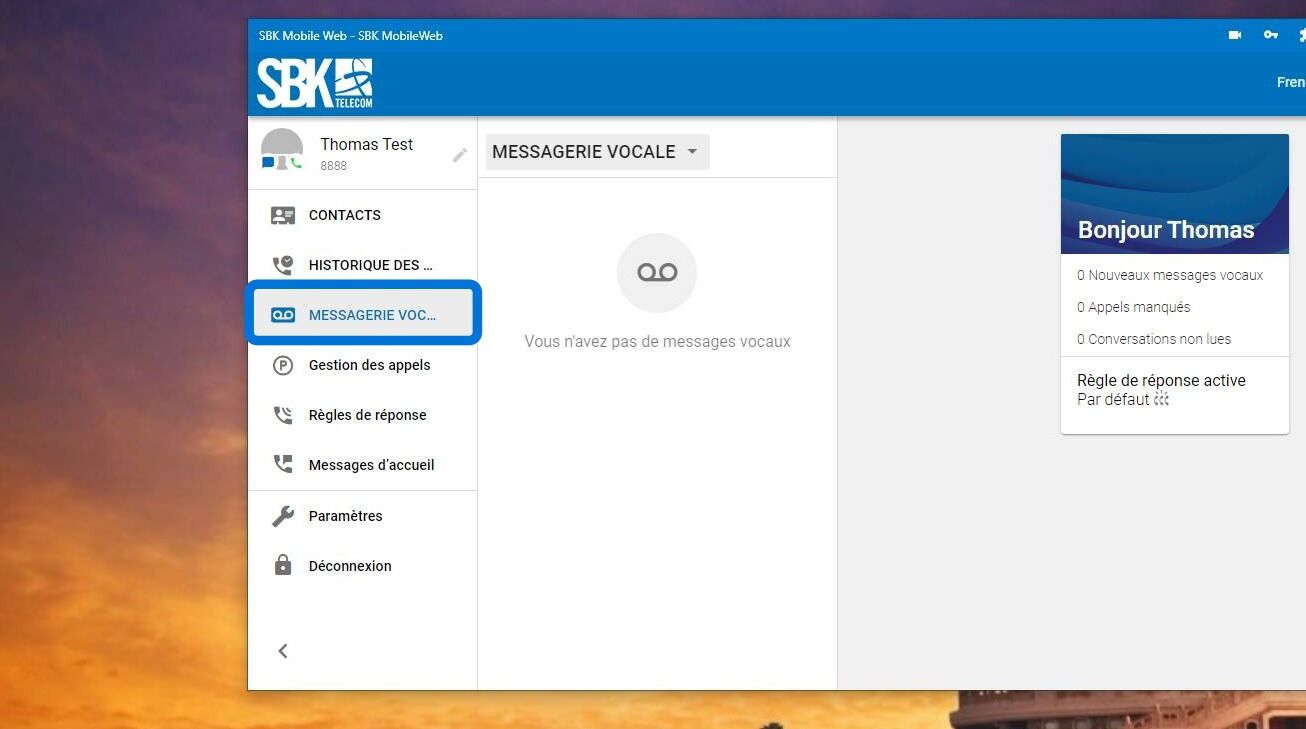 Screenshot of: Vous pouvez écouter vos messages vocaux dans l'onglet de gauche "Messagerie Vocale" 