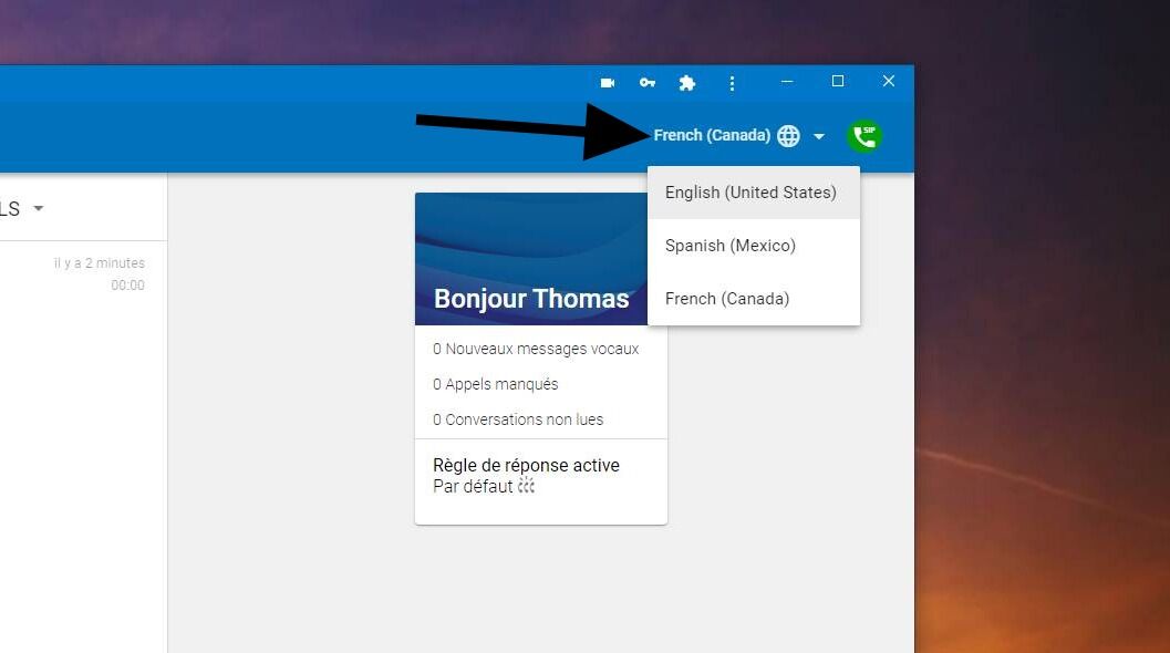 Screenshot of: Si vous désirez changer le langage de l'application, vous n'avez qu'à cliquer en haut à droit de l'application dans la section pointé par la flèche. Vous avez 3 possibilités de langages soit le Français, l'Anglais et l'Espagnol.