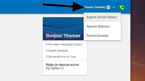Screenshot of: Si vous désirez changer le langage de l'application, vous n'avez qu'à cliquer en haut à droit de l'application dans la section pointé par la flèche. Vous avez 3 possibilités de langages soit le Français, l'Anglais et l'Espagnol.