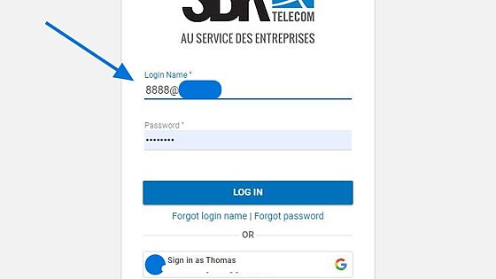 Screenshot of: When the application is opened, please enter your login, usually, this is your extension number @ your company name