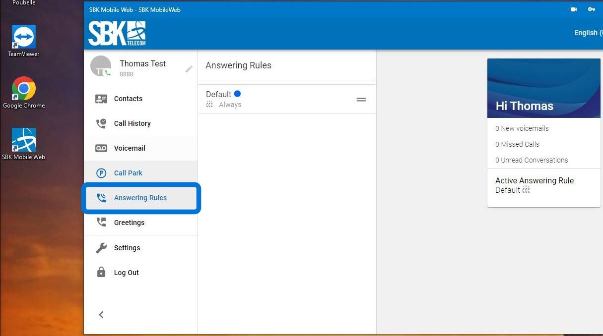 Screenshot of: The next tab in the left-hand menu is for Answering rules.
These are managed by your portal administrators.